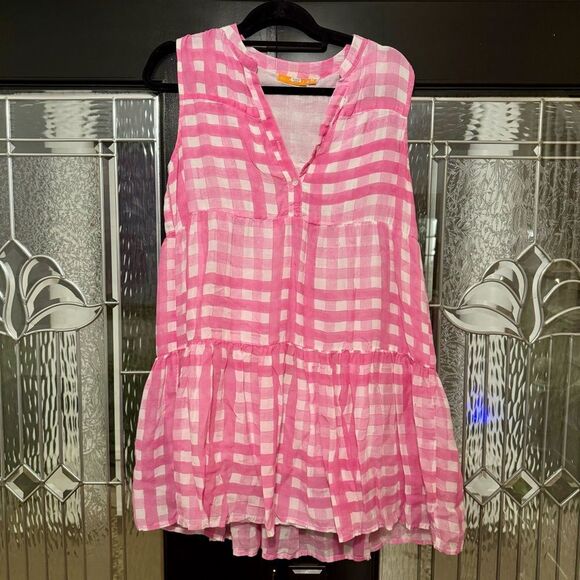 Oliphant Pink and White Gingham Yoke Tiered Button Neck Dress Size Medium - Picture 5 of 9